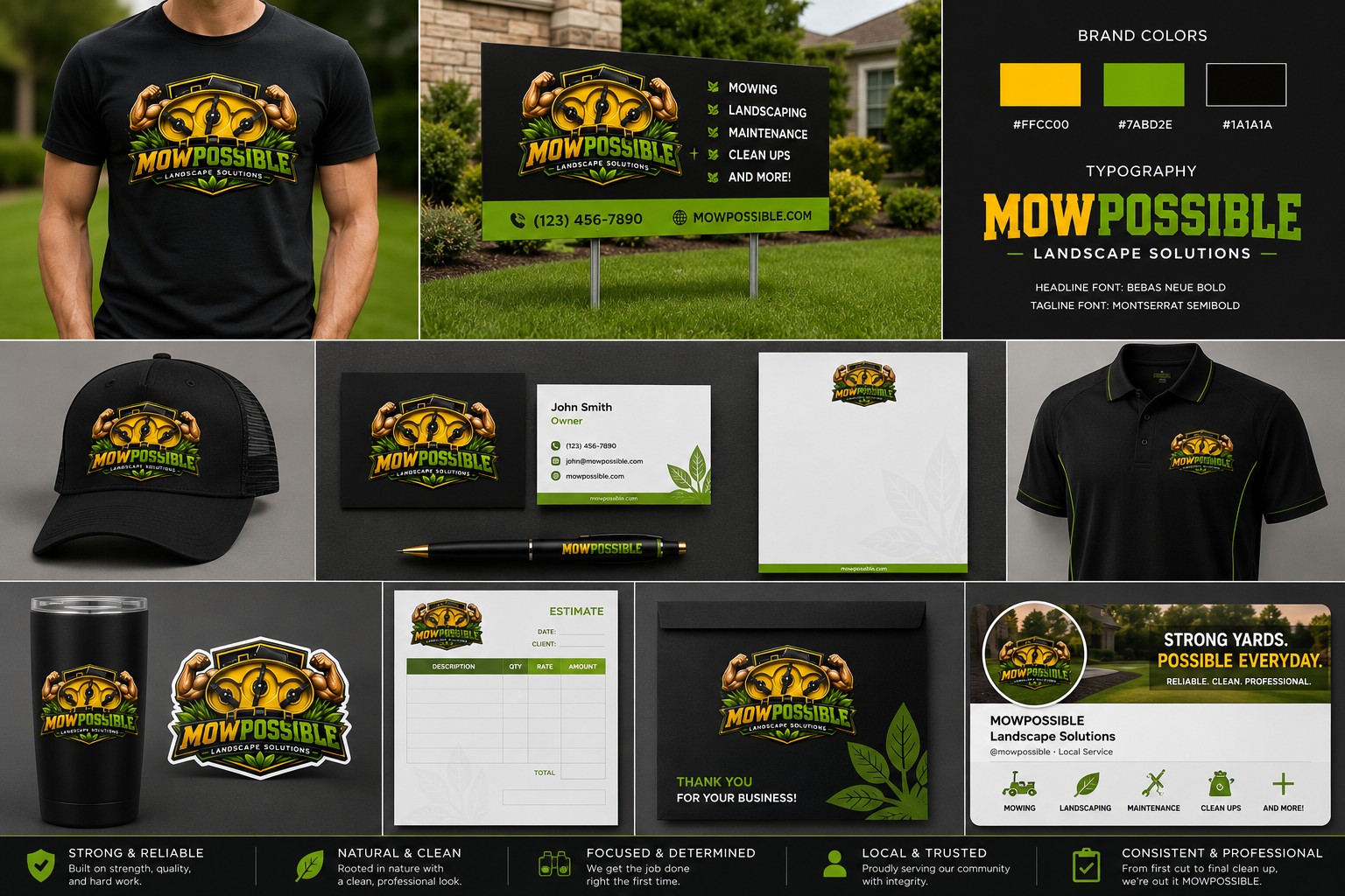 MOWPOSSIBLE branding system with apparel, signage, social media, stationery, and print collateral